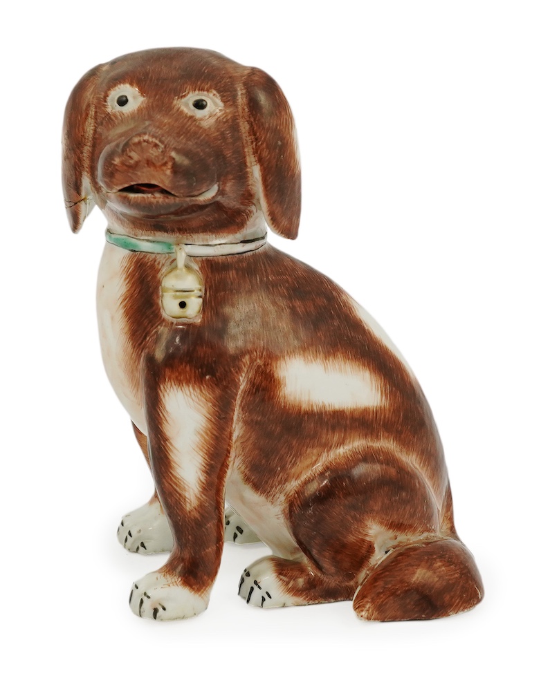 A Chinese export enamelled porcelain model of a seated spaniel, Qianlong period